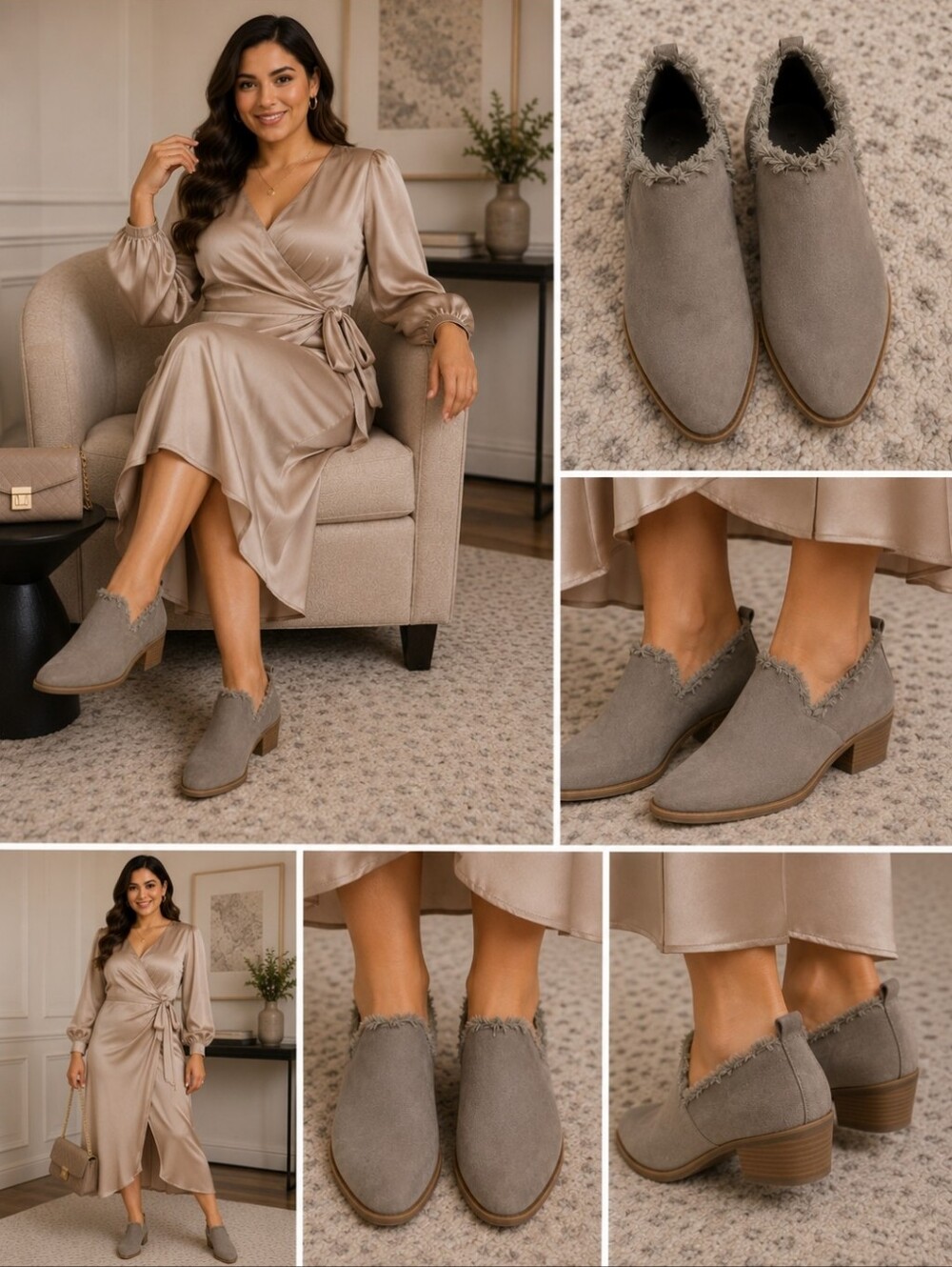 Frayed Edge Low Heel Slip-On Booties - Gray